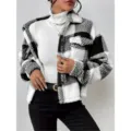 Dames Zwart Wit Ruit Sherpa Jas Fleece Oversized Blousejas Knoopjes Bovenkleding - S / Zwart