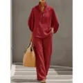 Mooie eenvoudige effen set met lange mouwen overhemd en wijde broek voor vrouwen - XS / Top en Broek / Bordeauxrood