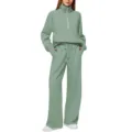 Women Half Zip Sweatshirt Wide Leg Pants Tracksuit Casual Two Piece Set Sage Green - XS / Top And Bottom / Light Green