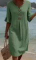 Women green v-neck linen dress casual half sleeve holiday beach midi dress new style - Green