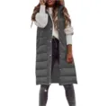 Detail view of women's long gray puffer vest, casual sleeveless outerwear for autumn winter style. - 3XL / Tops / Dark Gray