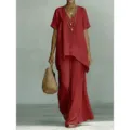 Completo casual rosso effetto lino con top a V maniche corta e pantaloni larghi due pezzi. - Taglia S / Top E Pantaloni / Rosso