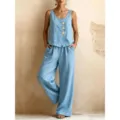 Ensemble deux pièces haut sans manches et pantalon large en lin bleu clair pour femmes. - Bleu ciel