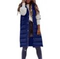 Women's long navy blue puffer vest winter casual quilted gilet sleeveless warm outerwear coat - 3XL / Tops / Dark Blue