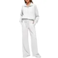 Women's White Quarter Zip Sweatshirt Wide Leg Sweatpants Casual Lounge Set Two Piece. - XS / Top And Bottom / White