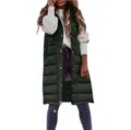 Detailed view of women long dark green puffer vest featuring stand collar and snap button closure. - S / Tops / Green