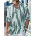 Men's Green White Striped Long Sleeve Lapel Shirt Casual Spring Autumn Button Down Top - Green