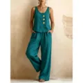 Ensemble deux pieces en lin pour femme gilet sans manches haut et pantalon large casual - Bleu sarcelle