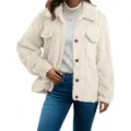 Women lapel fleece cardigan long sleeve casual warm winter button up coat outerwear top - White