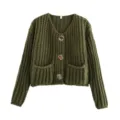 Olivgrüne Grobstrick Cardigan, Einreiher Mit Taschen Kurzer Pullover Strickmantel. - Armeegrün
