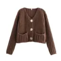 Damen braune grobe Strickjacke Kurzer Pullover Mantel mit V-Ausschnitt und Vordertaschen - Kaffeebraun