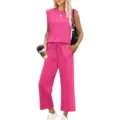 Ensemble haut sans manches rose vif à épaulettes et pantalon ample à cordon pour femme - S / Haut Et Bas / Rose foncé