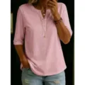 Women solid color casual henley t-shirt short sleeve summer top basic daily wear apparel - S / Tops / Pink