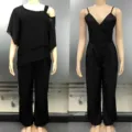 Zwarte dames jumpsuit tweedelig, onregelmatige vleermuismouw top en elegante bandjes. - S / Top en Broek / Zwart