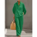 Green casual loose two piece set women summer wide leg pants and top outfit chic. - Green