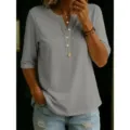 Women's solid color short sleeve V-neck henley top casual summer basic tee shirt apparel. - S / Tops / Orange