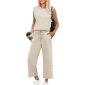Ensemble haut sans manches et pantalon large beige, tenue décontractée été femme. - S / Haut Et Bas / Beige