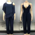 Dark blue women casual stylish outfit set and deep V neck jumpsuit for autumn daily wear. - S / Top And Bottom / Navy Blue