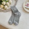Grey knit socks with cute pink bow embroidery, cozy mid-tube design for everyday wear. - One Size / ce300 Grey