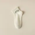 Women white short socks with green embroidered logo, Japanese style thin summer ankle socks. - One Size / White Rolled Edge
