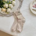 Beige ribbed knit socks with cute black bow embroidery, stylish and comfortable everyday wear. - One Size / ce300 Oatmeal