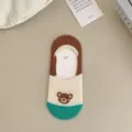 Cute cartoon bear invisible boat socks with color block design, comfortable low-cut cotton socks. - 3045 Lake Green Bear