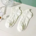 White women short socks with cute diamond knit pattern and ruffles, Japanese style ankle socks. - One Size / Rhombus Style