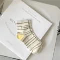 Japanese style striped short socks for women, beige and brown with yellow heel design. - One Size / All Striped