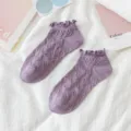 Cute purple ruffles short socks for women, sweet heart pattern breathable ankle socks. - One Size / Purple