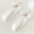 Japanese style women white lace short socks with ruffles and cute bow, breathable mesh ankle socks. - One Size / Small Check Bow