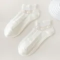 White sheer lace short socks, Japanese sweet floral summer boat socks, delicate ruffles variant - One Size / Vertical Stripe Small Flower