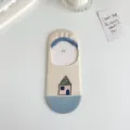 Cute cartoon house jacquard low-cut invisible women socks with anti-slip silicone grip. - 3046 Light Blue
