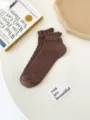 Women's Ruffled Ribbed Short Socks, Dark Brown Japanese Style Cotton Blend Casual Boat Socks - One Size / Cable Coffee