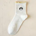 White speckled mesh socks with yellow lettuce edge and cute penguin embroidery for women - Yellow Sock Cuff