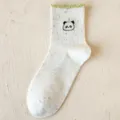 Cute panda embroidered white dot yarn socks with green lettuce edge for women spring style. - Green Cuff