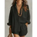 Dames effen kleur shirt met lange mouwen en korte broek set, casual zomeroutfit. - S / Top en Broek / Zwart