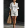 Summer casual white V-neck short sleeve top and shorts set for women fashion loose outfit. - White