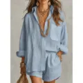 Chique lichtblauwe tweedelige shirt en korte broek set voor dames, casual zomeroutfit stijl. - S / Top en Broek / Lichtblauw