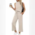 Vrouwen zomer casual mouwloos top wijd been broek set chic tweedelig beige outfit - S / Top en Broek / Beige