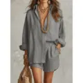 Casual solid color long sleeve shirt and shorts matching set for women fashion summer wear - S / Top And Bottom / Gray