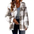 Femme carreaux sherpa veste polaire hiver boutonné revers poche manteau vêtement - S / Kaki