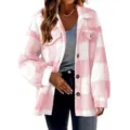 Femme Veste Sherpa Carreaux Rose Casual Boutonnée Manches Longues Manteau Polaire - S / Rose