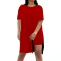 Red short sleeve top and shorts two piece set, casual loose fit outfit, side split design detail. - S / Top And Bottom / Red