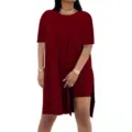 Casual solid color round neck short sleeve top and shorts two piece set for women summer. - S / Top And Bottom / Burgundy