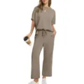 Women casual two piece set short sleeve top wide leg trousers summer loungewear outfit - Brown