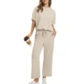Beige short sleeve top and wide leg cropped pants set for women summer casual wear - S / Top And Bottom / Apricot