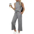 Grey knitted sleeveless top and cropped wide-leg pants set for women summer casual. - S / Top And Bottom / Gray