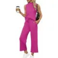 Women summer casual sleeveless top and wide leg pants set stylish pink clothing - S / Top And Bottom / Rose Red