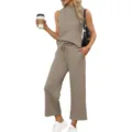Women summer casual two piece set sleeveless top and wide leg cropped pants outfit chic - S / Top And Bottom / Khaki