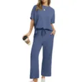 Casual summer two-piece outfit featuring a relaxed short-sleeve top and wide-leg pants. - Aqua